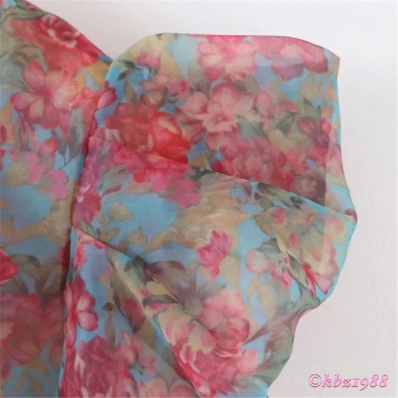 ππ Host Pick! ππ Zara Puff Sleeve Bow Tie Neck Floral Organza Blouse NWT - Picture 7 of 10
